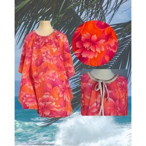 Vintage 70s Accordion Pleated Neon Pink Orange Hawaiian Poncho Dress Blouse XL